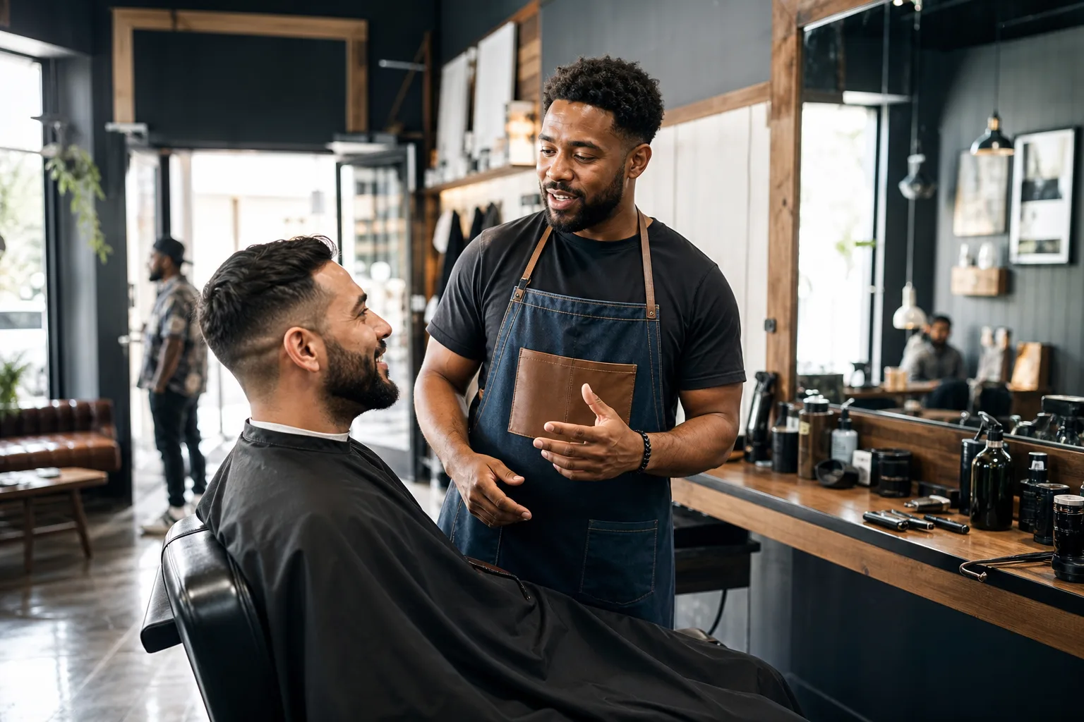 A barbershop owner helping a customer